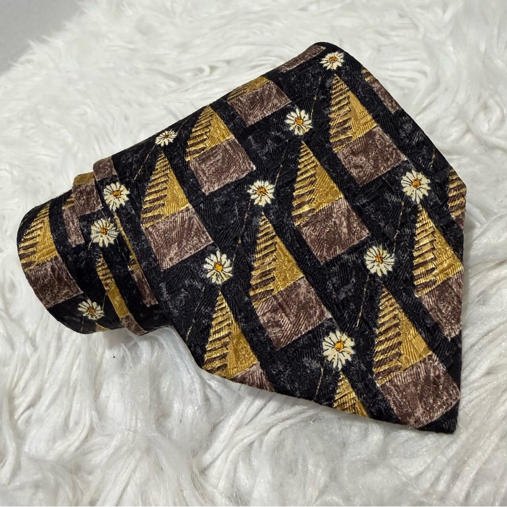 Ermenegildo Zegna Black and Gold Patterned Tie Silk Floral